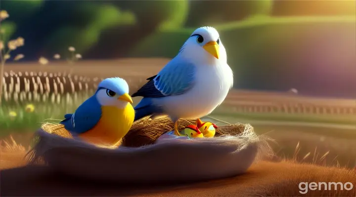 3d cartoon After some time, the bird laid two eggs in the nest IN THE FIELD 