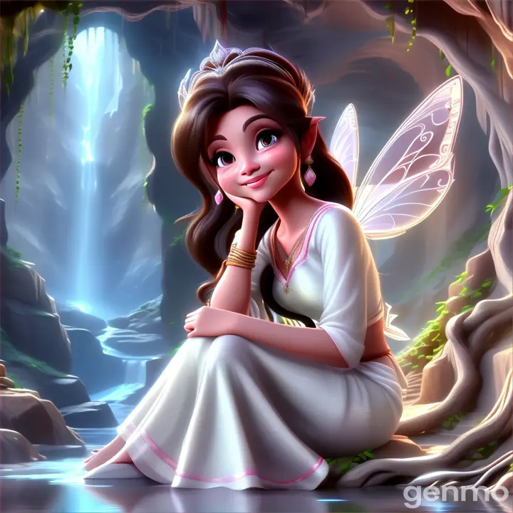  a smiling  beautiful fairy , wearing white saree in the cave with roots  3D  animation cartoon zoom out 