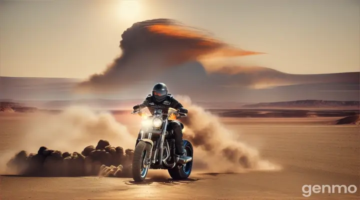 Harley Davidson rider drives across Mars leaving a huge cloud of dust behind