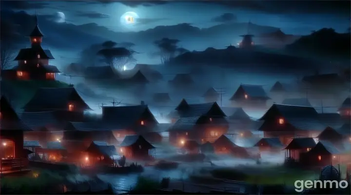 a painting of a village at night with a full moon