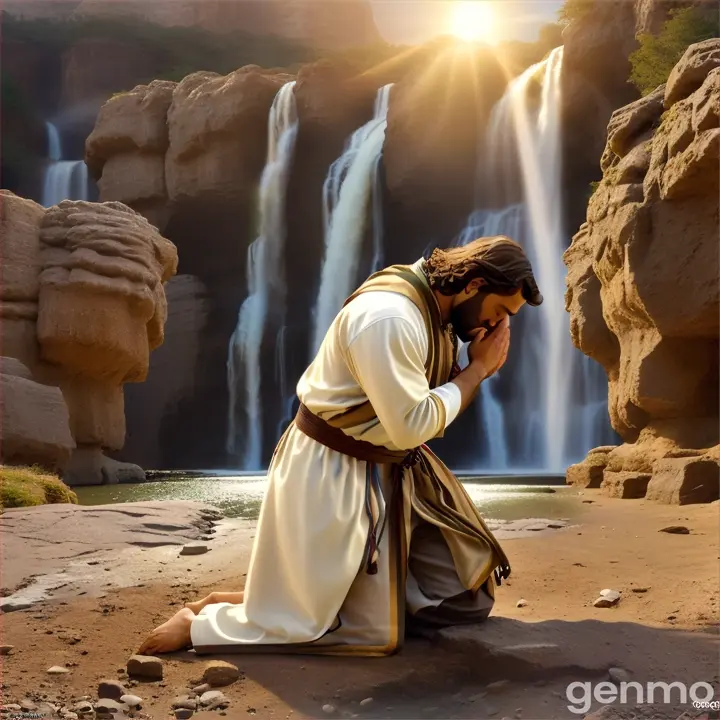 a man kneeling down in front of a waterfall