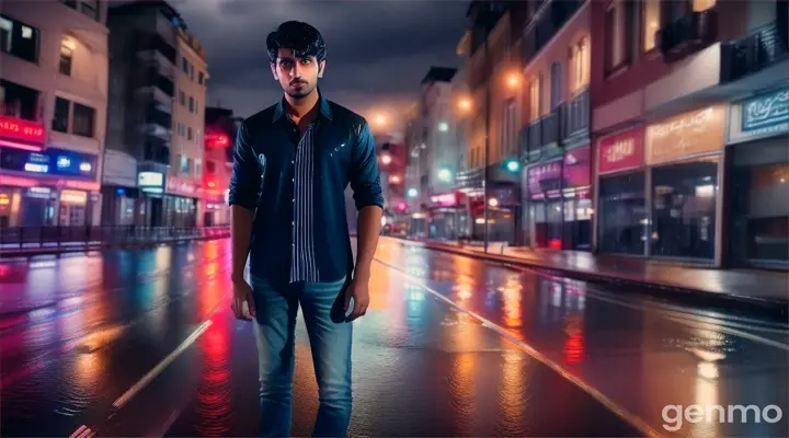 Scene 1: Rainy Night in the City
Shot: Wide 8k shot
Setting: A bustling city street at night, with heavy rain pouring down.
Characters: A 23-year-old Pakistani man in modern attire (jeans and a shirt).
Action: The man walks alone in the rain, soaked to the bone, with neon lights reflecting off the wet pavement. He looks up at a balcony where he once shared happy moments with his love, his expression filled with longing and sorrow. He stops and gazes at the spot, his face a mixture of pain and regret as he recalls the past.