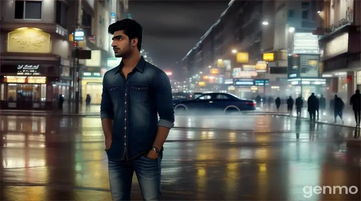 Shot: Wide 8k shot
Setting: A bustling city street at night, with heavy rain pouring down.
Characters: A 23-year-old Pakistani man in modern attire (jeans and a shirt), his girlfriend, and passersby.
Action: The man walks alone in the rain, soaked to the bone. He stops across the street from a café, where his ex-girlfriend sits inside, staring out the window with a distant, sorrowful look. Passersby with umbrellas rush by, contrasting with the man's stillness and heartache as he gazes at her, knowing the emotional distance between them.