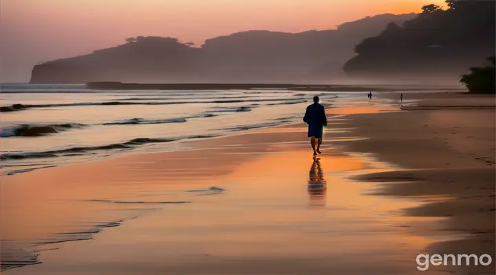 Shot: Wide 8k shot
Setting: A secluded beach with the first light of dawn breaking over the horizon.
Characters: The Pakistani man in casual attire, his ex-girlfriend, and a few early morning joggers.
Action: The man walks along the edge of the water, his feet sinking into the wet sand. He sees a couple jogging hand in hand, reminiscent of his past with his ex-girlfriend, who appears in a memory walking beside him. He stops and gazes out at the sea, his face reflecting inner turmoil and sadness, the serene setting contrasting with his emotional pain.