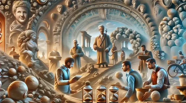 a painting of a group of people working in a museum