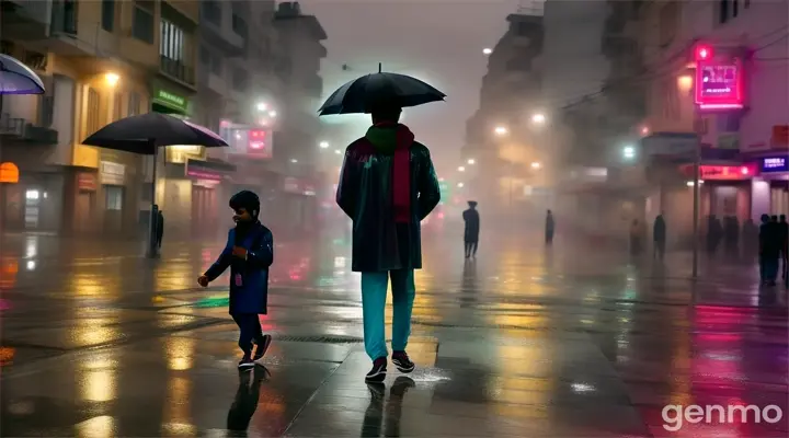 Wide 8k shot: A 23-year-old Pakistani man walks alone in the rain, soaked to the bone, with neon lights reflecting off the wet pavement. People with umbrellas rush past him, blending into the background. He looks up at a balcony where he once shared happy moments with his love, his expression filled with longing and sorrow. He stops and gazes at the spot, his face a mixture of pain and regret as he recalls the past. The scene captures the essence of a Bollywood sad song, with the world around him moving on, unaware of his heartbreak.