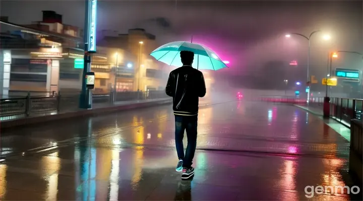 Wide 8k shot: A 23-year-old Pakistani man walks alone in the rain, soaked to the bone, with neon lights reflecting off the wet pavement. People rush past him, drenched, their faces blurred by the downpour. He looks up at a balcony where he once shared happy moments with his love, his expression filled with longing and sorrow. He stops and gazes at the spot, his face a mixture of pain and regret as he recalls the past. The scene captures the essence of a Bollywood sad song, with the world around him moving on, unaware of his heartbreak.






