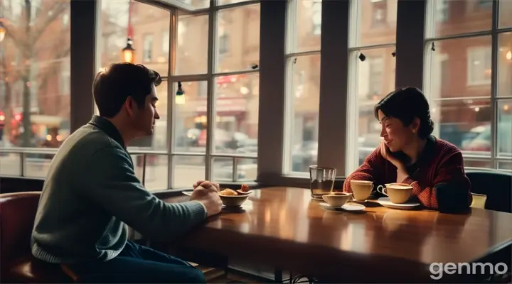 The scene transitions to a cozy café where they often met. The man watches her from a distance, reminiscing about shared moments.
Close-up shots of their hands almost touching, indicating a connection that is deeply felt but not fully understood