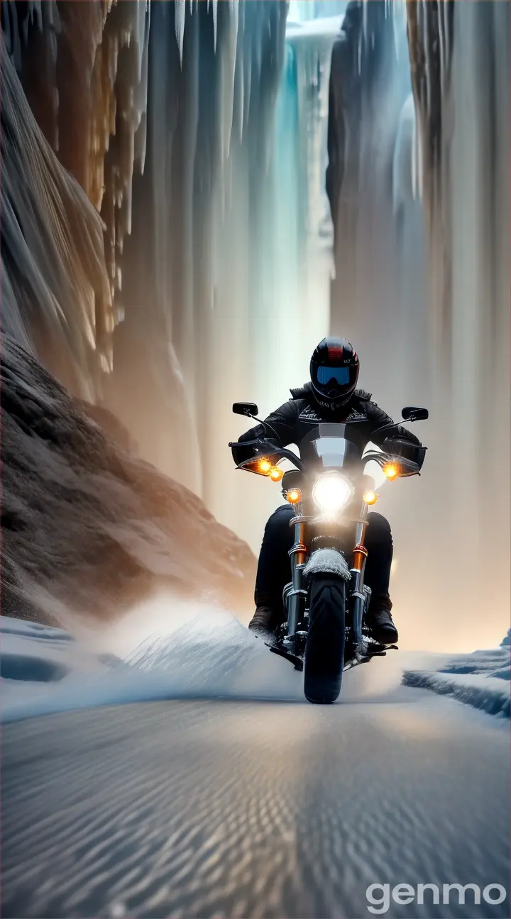 Harley rider races through a narrow frozen canyon, surrounded by towering ice formations 9/16