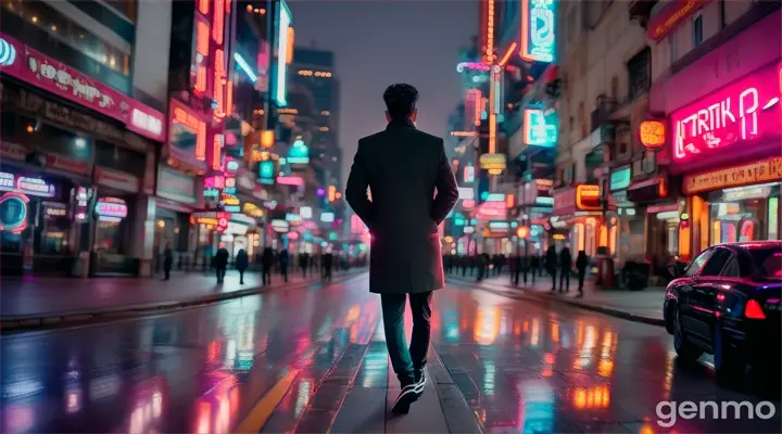 Wide 8k shot: A 23-year-old Pakistani man walks alone on a street with neon lights reflecting off the pavement. People walk by, their clothes dry. He looks up at a balcony where he once shared happy moments with his love, his expression filled with longing and sorrow. He stops, his face a mixture of pain and regret as he recalls the past.






