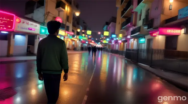 Wide 8k shot: A 23-year-old Pakistani man walks alone on a street with neon lights reflecting off the pavement. People walk by, their clothes dry. He looks up at a balcony where he once shared happy moments with his love, his expression filled with longing and sorrow. He stops, his face a mixture of pain and regret as he recalls the past.





