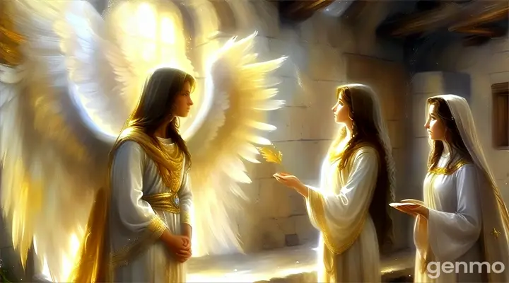 a painting of an angel and a woman in a room