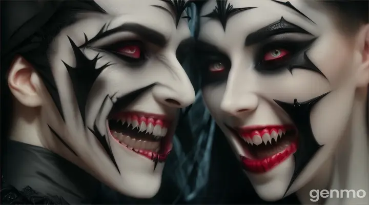 un vampiro, un demonio cadaverico, uñas afiladas, colmillos y vestido de negro 