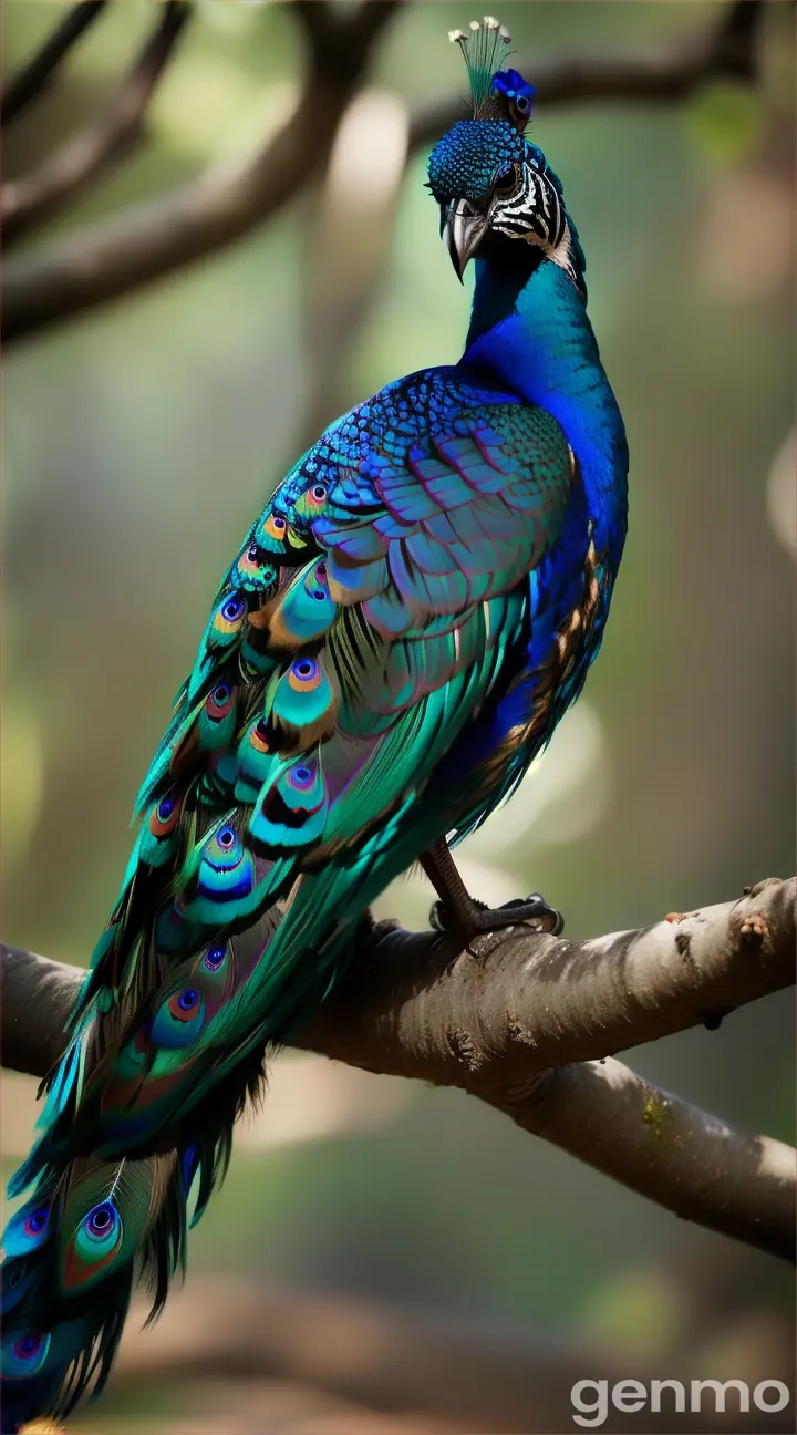 A blue peacock nesting on a branch 