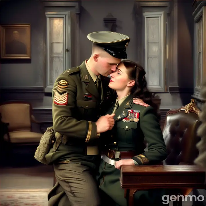 A hyper-realistic portrait of a couple in vintage military attire, sharing an emotional moment in an antique room