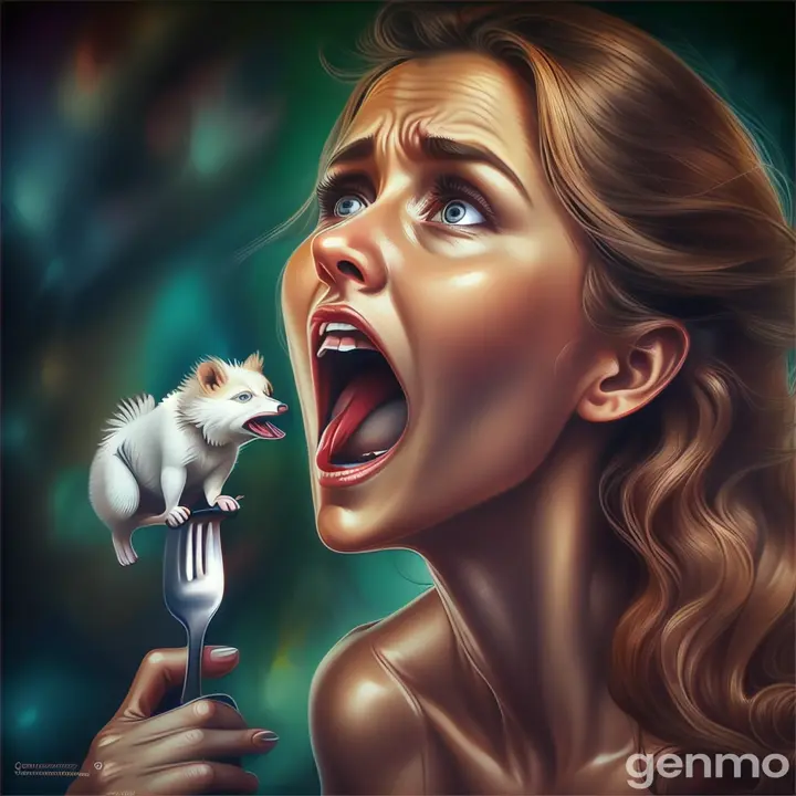 a woman holding a fork, scared animal