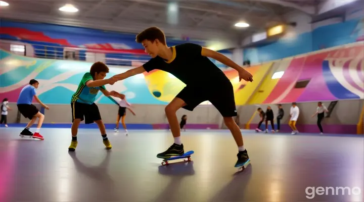 mache mir ein schnelles video mit einer megaschnellen kamerabewegung ein  in einer skatehalle mit vielen menschen viele menschen