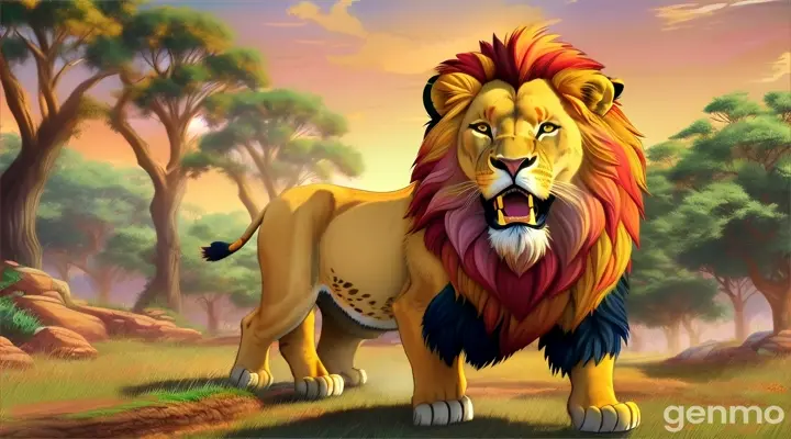  creation of cartoon lion roaring in beautiful vibrant savannah 16:9