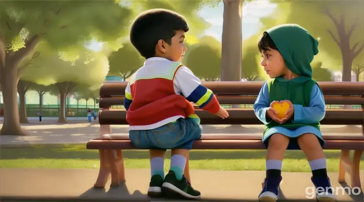 A little Muslim boy talking to a girl who was sitting alone and upset on a bench in the park full of Muslim kids playing in the afternoon cartoon image 