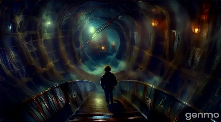 a man is walking down a stairway in a dark tunnel