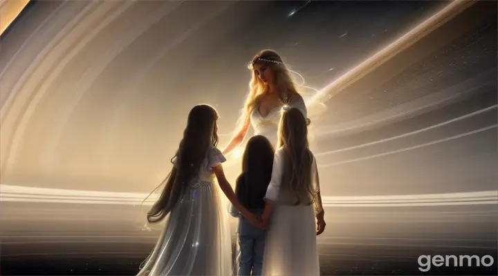 In the serene glow of Saturn's rings, a family portrait captures an ethereal moment in time. The parents, a striking pair, stand at the center of this cosmic tableau. The man, with his hair cascading like a waterfall of silver threads, holds a gentle strength in his gaze. His partner, a vision of celestial grace, has hair that shimmers with the colors of Saturn's many moons, from icy blues to soft pinks. Their children, a harmonious blend of their parents' beauty, have vibrant locks that seem to contain stardust, sparkling with every movement.
Their bodies, sculpted by the unique gravity of their planet, possess a slender elegance, a testament to their adaptation to life among the stars. Their skin, a canvas of light and color, communicates in a symphony of radiant lasers when touched, a sight to behold. Each gesture sends waves of luminous messages, a language of light that speaks of love, life, and the unbreakable bonds of family.
This memorial picture, set against the breathtaking backdrop of Saturn, captures not just the physical allure of its subjects but the profound and radiant connection they share. Through their innovative communication, they express emotions too deep for words, a testament to the advanced, yet deeply emotional civilization that thrives on this distant world.