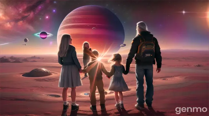 Imagine a stunning memorial picture capturing a family of four, a man and woman with their two children, set against the backdrop of the majestic Saturn planet. The family appears as ordinary civilians, yet there is an otherworldly quality to their presence.
The man is tall and strong, with a rugged face and piercing eyes that seem to hold the secrets of the universe. His hair is a dark, tousled mess, adding to his mysterious allure. The woman is elegant and graceful, with flowing locks of silver hair that shimmer in the light. Her eyes are warm and kind, reflecting a deep well of love for her family.
The children are a perfect blend of their parents, with the boy inheriting his father's strong jawline and the girl possessing her mother's ethereal beauty. Their laughter rings out like music, filling the air with joy and light.
As the family touches hands in the picture, a radiant laser beam of communication shoots out from their skin, connecting them in a web of love and understanding. Their voices can be heard through this invisible bond, speaking words of comfort and reassurance.
This memorial picture is not just a snapshot in time, but a glimpse into a world where love transcends all boundaries and connects us to the stars themselves. It is a reminder that family is forever, even in the vast expanse of the cosmos.