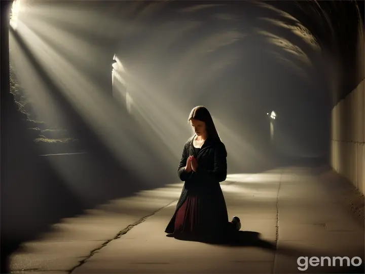 a woman, praying, kneeling on the ground inside a dark tunnel. At the end of the tunnel you can see a light. fog