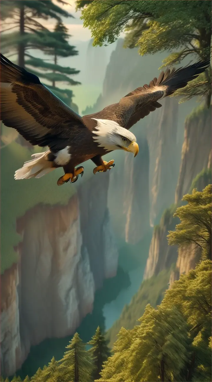“aguila perfecta, volando en el bosque, paisaje perfecto hermoso,8k”