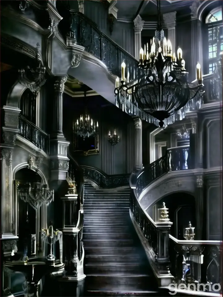 a staircase with chandeliers and a chandelier hanging from the ceiling