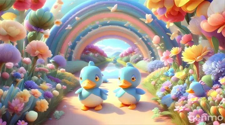 two blue ducks are standing in a field of flowers