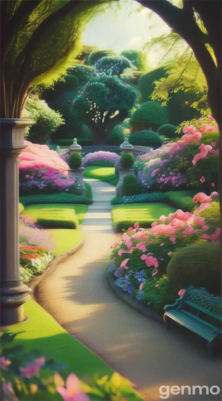 Prompt: A peaceful garden with a winding path. A person is seen stepping back and sitting on a bench, observing the surroundings thoughtfully. The quote 9:16