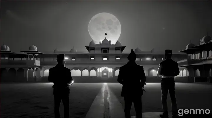 A distant view of an old, eerie-looking Rajmahal (palace) surrounded by darkness with a full moon in the sky. Four young men holding flashlights and cameras, discussing their plan under the night sky.