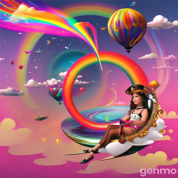  this world, people float in the air, suspended in reflecting a spectrum of changing rainbow colors. Around them, amorphous, liquid-like shapes explode into vibrant, unpredictable fireworks. Dali style, in his classic aviator suit, pilots a vintage plane that leaves a trail of glowing musical notes floating planets. Hello Kitty sits on a crescent moon, swaying gently as shooting stars zip by, each leaving a trail of stardust that forms ethereal, fleeting constellations. Garfield reclines on a cloud of cotton candy, savoring a rain of lasagna that cascades from the sky.
Felix the Cat, always enigmatic and magical, opens his mystical bag to produce strange and dreamlike objects: melting clocks, flying fish and trees that grow downward from the sky. Everything in this world seems alive and in a constant state of change, moving at a visual rhythm perfectly synchronized with the melody of 'Dreams' by The Cranberries.
The scene constantly changes, with characters and elements interacting in surreal and unexpected ways. This is a world where the impossible becomes possible and every moment is filled with visual wonders and unique artistic flourishes.in digital 3d Totally crazy surreal world full of moving objects The little prince and his world 