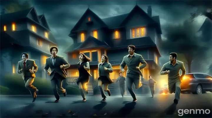 a group of people running in front of a house