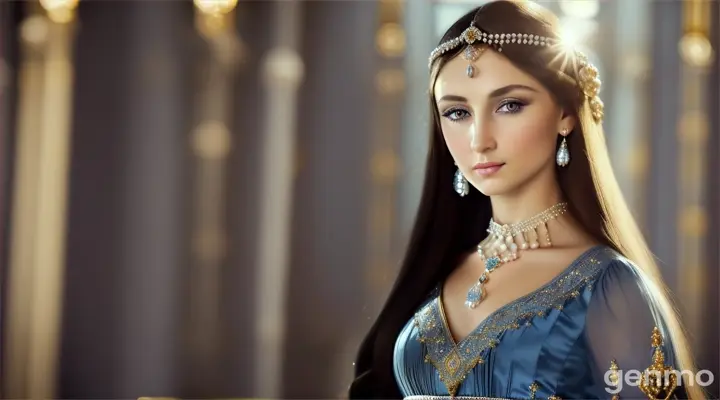 Russian blue-eyed brunette woman with long hair stands in a kokoshnik decorated with pearls and precious stones that shimmer against the background of sunlight illuminating luxurious medieval buildings 16:9