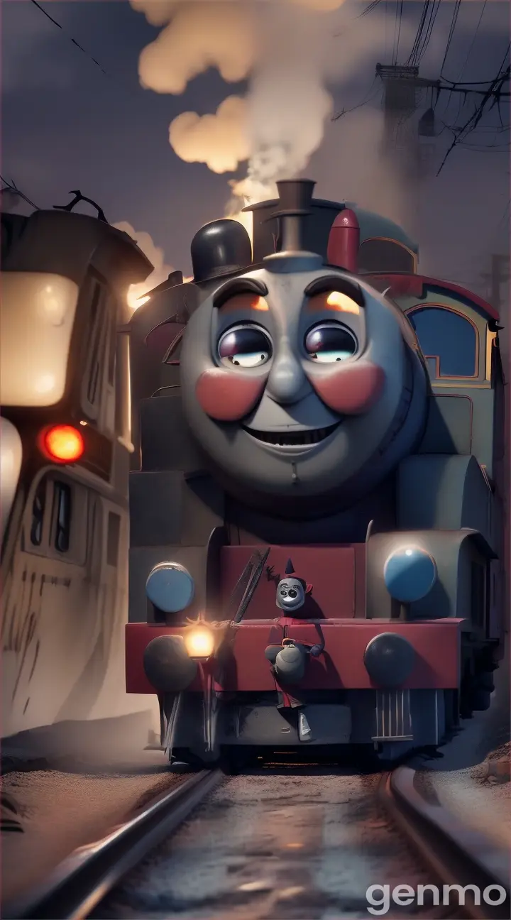 Create a high-definition, CARTOON video of Thomas the Train with giant spider legs, an old, wrinkled train face, and sharp, dirty teeth. Set the scene in a crowded street at twilight, with people reacting in fear and chaos. Ensure Thomas's train face remains recognizable, with added creepy features and dramatic lighting to enhance the eerie atmosphere, CARTOON STYLE