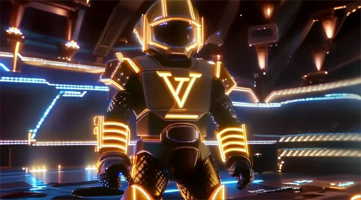 a character in a futuristic suit standing in front of neon lights