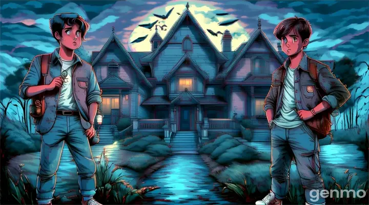 two young men standing in front of a creepy house