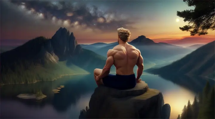 Epictetus with six-pack under a starry sky in an enchanted forest, cloth over one shoulder, sitting on mountain surrounded by waters. He is in a thinking mood