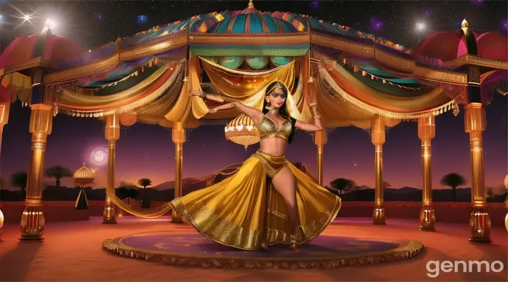 Scene: A glamorous Bollywood actress performs a high-energy item song at a lavish desert oasis. Luxurious tents, ornate carpets, and exotic dancers create a dazzling spectacle under the starry night sky.
Costume: The actress wears a shimmering gold lehenga with intricate embroidery, accessorized with traditional jewelry and a headpiece.
Mood: Energetic and mesmerizing, with an exotic Arabian Nights vibe.
Camera Angles: Wide shots of the oasis, close-ups of the actress, dynamic shots of the dancers, and sweeping aerial views.
