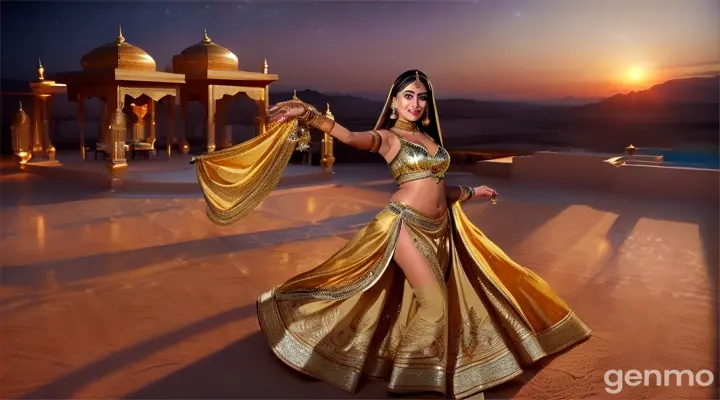 Scene: A glamorous Bollywood actress performs a high-energy item song at a lavish desert oasis. Luxurious tents, ornate carpets, and exotic dancers create a dazzling spectacle under the starry night sky.
Costume: The actress wears a shimmering gold lehenga with intricate embroidery, accessorized with traditional jewelry and a headpiece.
Mood: Energetic and mesmerizing, with an exotic Arabian Nights vibe.
Camera Angles: Wide shots of the oasis, close-ups of the actress, dynamic shots of the dancers, and sweeping aerial views.