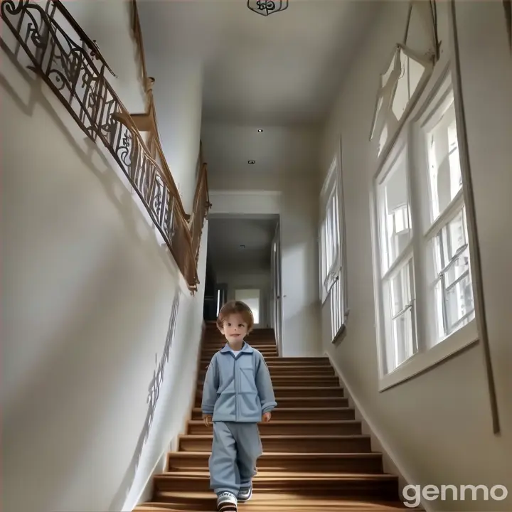 Only one little boy that is walking down from stairs