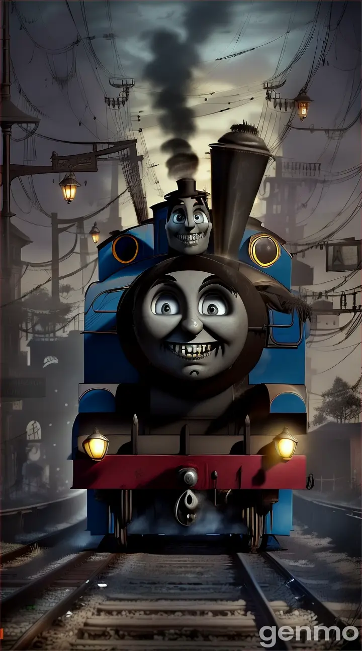 Create a high-definition, CARTOON video of Thomas the Train with giant spider legs, an old, wrinkled train face, and sharp, dirty teeth. Set the scene in a crowded street at twilight, with people reacting in fear and chaos. Ensure Thomas's train face remains recognizable, with added creepy features and dramatic lighting to enhance the eerie atmosphere, CARTOON STYLE