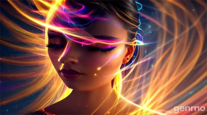 Surreal beautiful silhuette of a woman fill figure with colorful reflection on her face stands inside a magnetic field of golden energy threads that wind in the air behind her and in front of her. Glow and flare