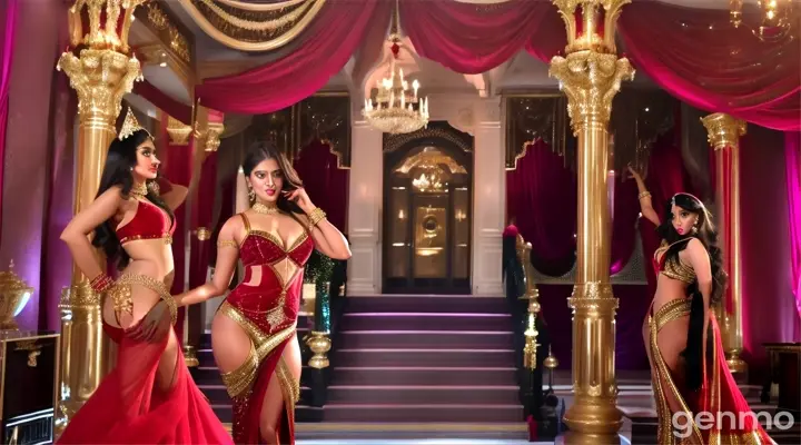 Scene: A glamorous Bollywood starlet performs a item song at a grand mansion party. The luxurious mansion is filled with wealthy guests, lavish decorations, and a grand staircase. Costume: The starlet wears a sparkling red gown with a thigh-high slit, accessorized with diamond jewelry and stilettos. Mood: Luxurious and seductive, with a high-society feel. Camera Angles: Wide shots of the mansion, close-ups of the starlet, and dynamic shots of the guests dancing and mingling.

