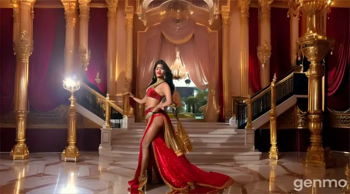 Scene: A glamorous Bollywood starlet performs a item song at a grand mansion party. The luxurious mansion is filled with wealthy guests, lavish decorations, and a grand staircase. Costume: The starlet wears a sparkling red gown with a thigh-high slit, accessorized with diamond jewelry and stilettos. Mood: Luxurious and seductive, with a high-society feel. Camera Angles: Wide shots of the mansion, close-ups of the starlet, and dynamic shots of the guests dancing and mingling.