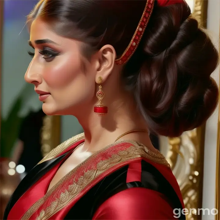 Kareena Kapoor wearing a black and red outfit with a large bun