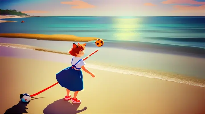 a cartoon cat is playing with a ball on the beach