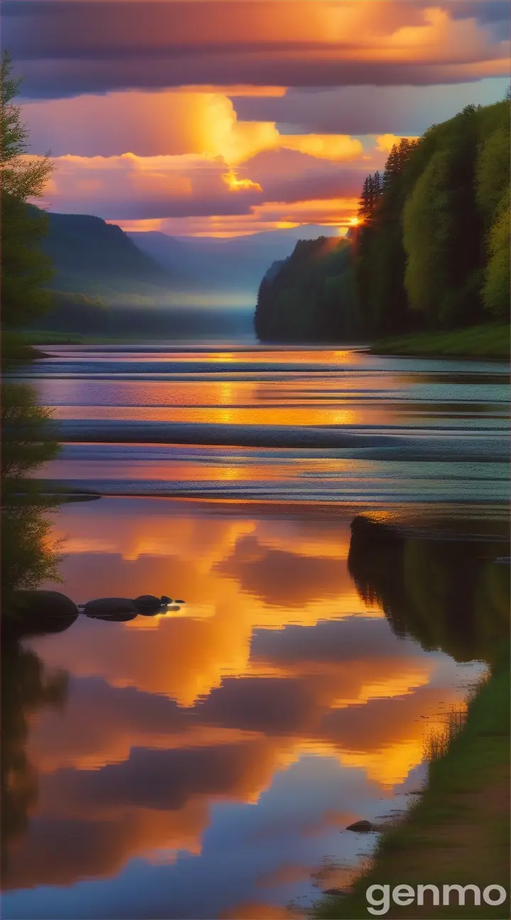 a high quality professional photo of a beautiful landscape with a river, sun, and rainbow, nature photography, serene, sunset lighting, outdoor scene, scenic view, colorful, natural beauty, tranquil, wide shot, peaceful, vibrant colors, landscape photography, sun rays, reflection on water, calm atmosphere, picturesque, horizon line, inspiring, summer scenery