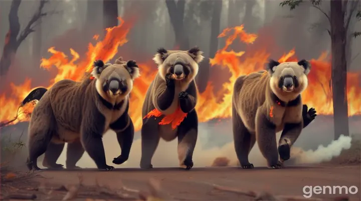 A forest fire with koalas, pandas, girafes and poodles running from the fire